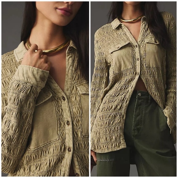 Anthropologie Pilcro Smocked Pleated Buttondown Shacket Shirt in Beige - Picture 1 of 6